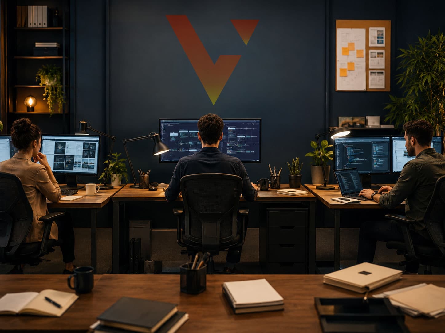 Equipe da Vitrusweb trabalhando em estações de desenvolvimento e marketing