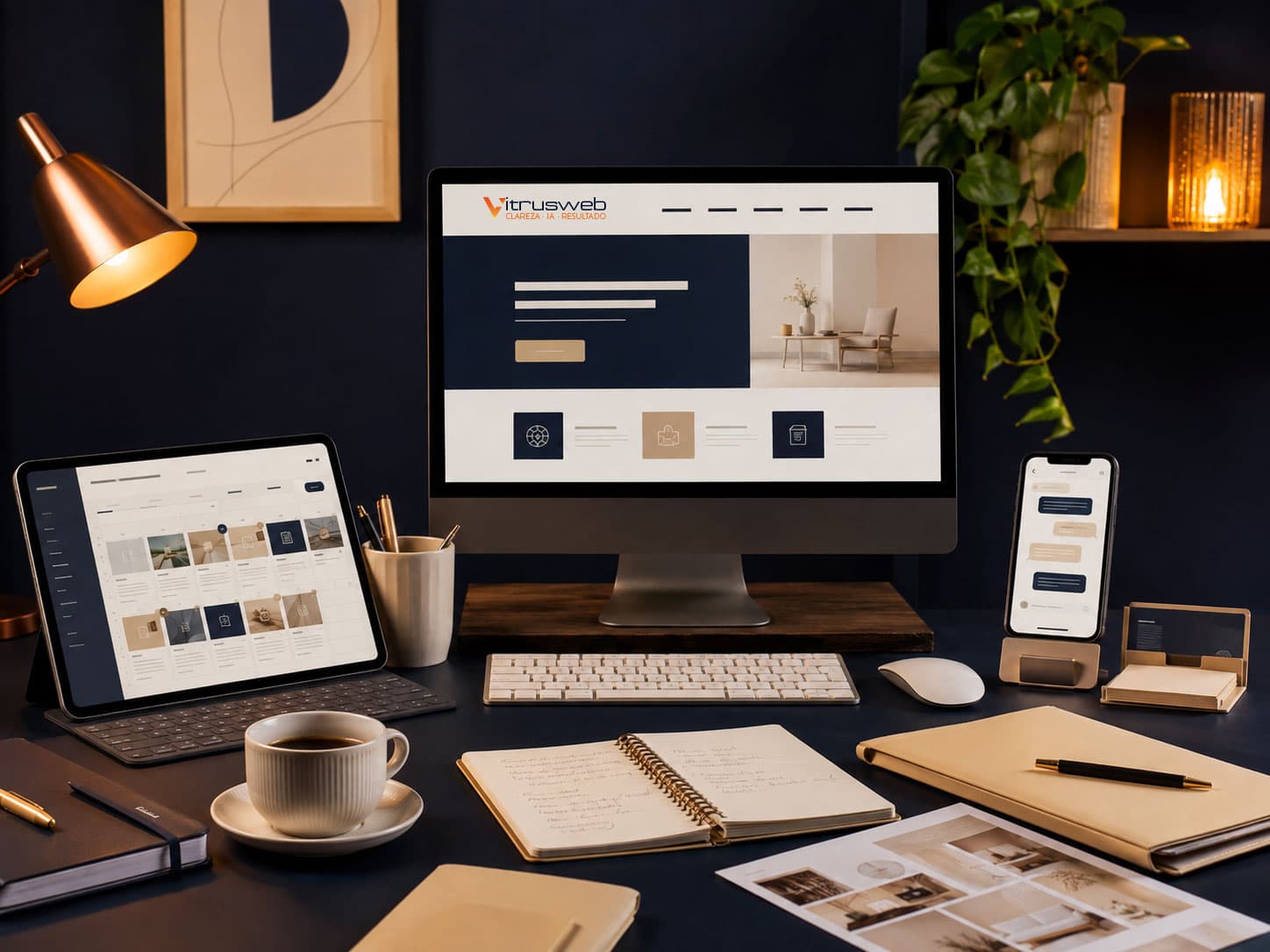 Estação de trabalho com site da Vitrusweb exibido em computador, tablet e celular
